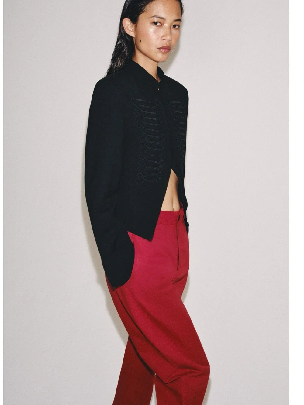 Zara ZW Collection Frog Clasp Blazer in black, featuring a high stand-up collar